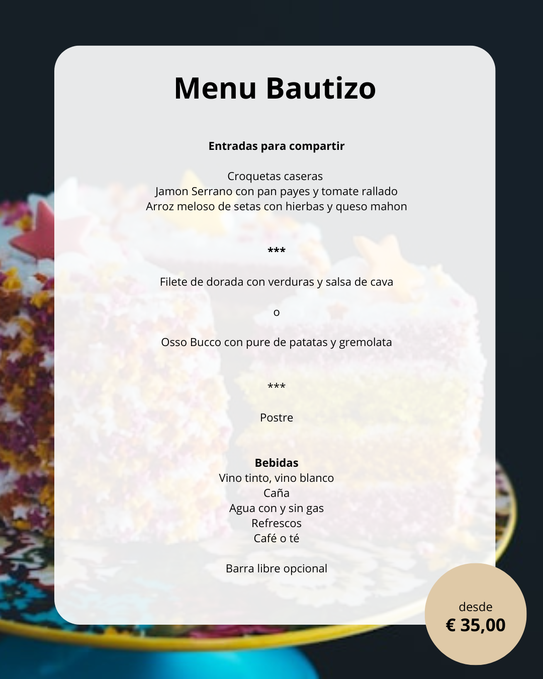 Menú ejemplo para Bautizos