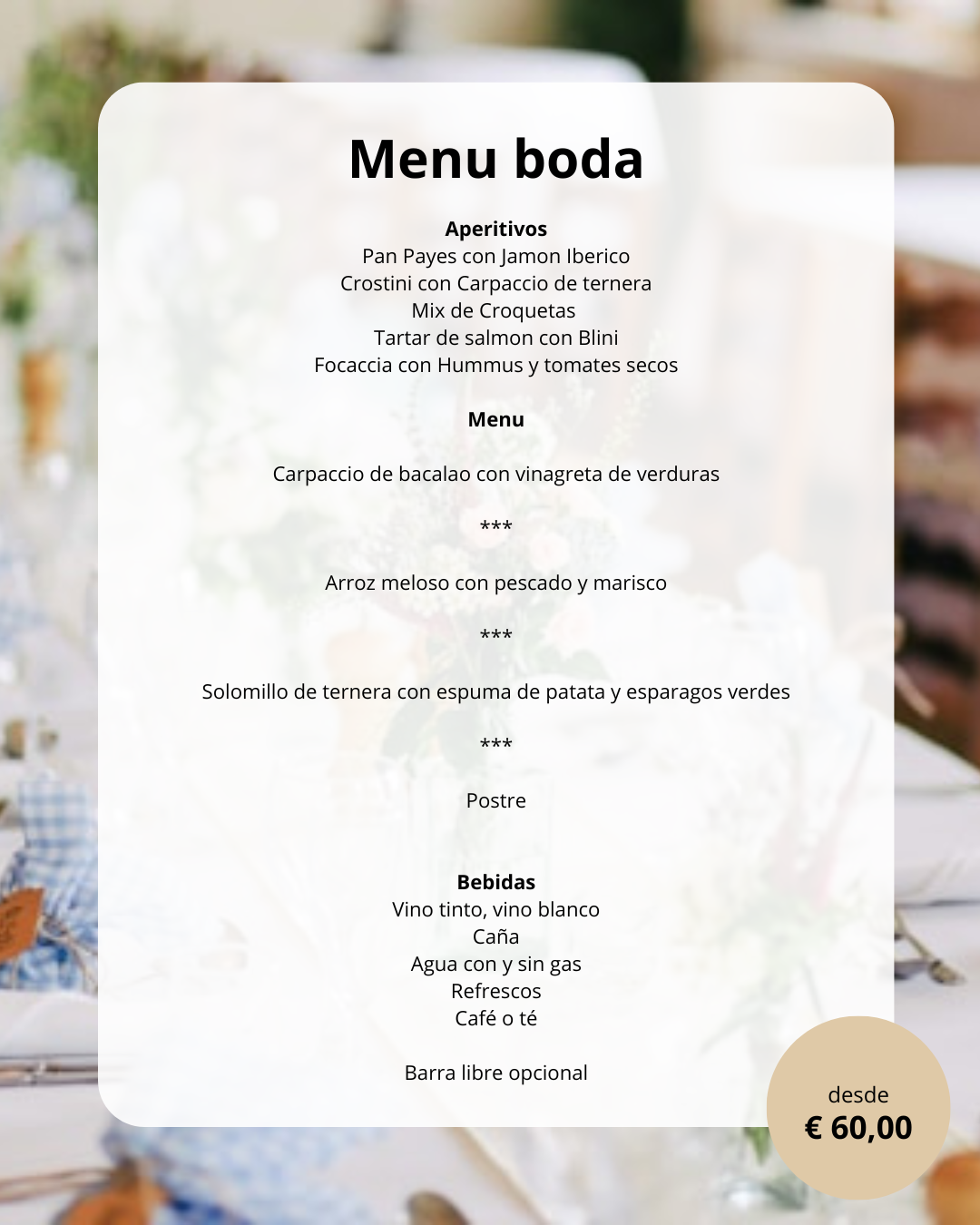 Menú ejemplo para Bodas