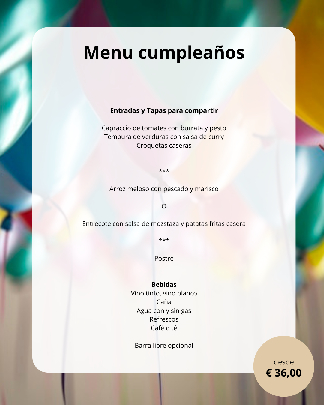 Menú ejemplo para Cumpleaños